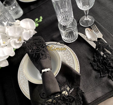 Liman Home Decor - Liman Online Menekse Tafelkleed Set Met Placemat Zwart 34 Dlg