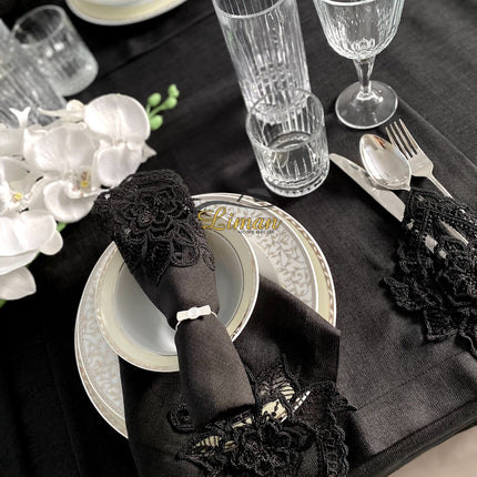 Liman Home Decor - Liman Online Menekse Tafelkleed Set Met Placemat Zwart 34 Dlg