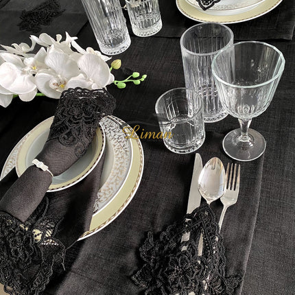 Liman Home Decor - Liman Online Menekse Tafelkleed Set Met Placemat Zwart 34 Dlg