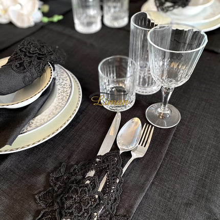 Liman Home Decor - Liman Online Menekse Tafelkleed Set Met Placemat Zwart 34 Dlg
