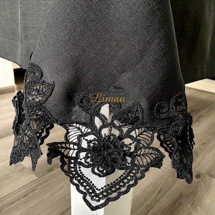 Liman Home Decor - Liman Online Menekse Tafelkleed Set Met Placemat Zwart 34 Dlg