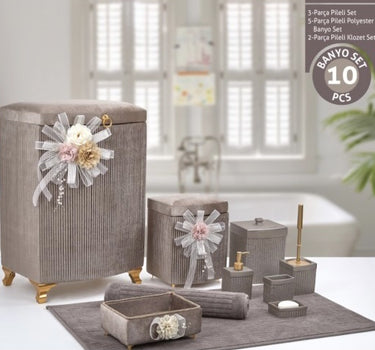 Liman Home Decor - Liman Online Pileli 10 Delig Wasmandset + Badset Bruin