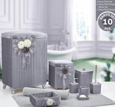 Liman Home Decor - Liman Online Pileli 10 Delig Wasmandset + Badset Grijs