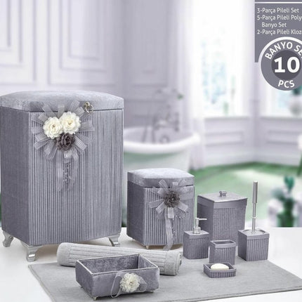 Liman Home Decor - Liman Online Pileli 10 Delig Wasmandset + Badset Grijs