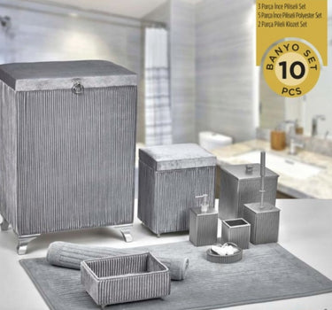 Liman Home Decor - Liman Online Pileli 10 Delig Wasmandset + Badset Grijs