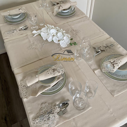 Liman Home Decor - Liman Online Sehzade Tafelkleed Set Met Placemat Beige 34 Dlg