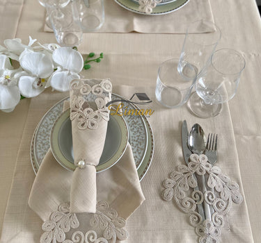 Liman Home Decor - Liman Online Sehzade Tafelkleed Set Met Placemat Beige 34 Dlg