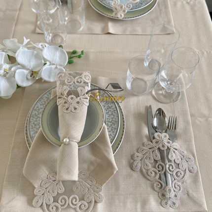 Liman Home Decor - Liman Online Sehzade Tafelkleed Set Met Placemat Beige 34 Dlg