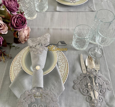 Liman Home Decor - Liman Online Sehzade Tafelkleed Set Met Placemat Grijs 34 Dlg