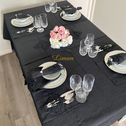 Liman Home Decor - Liman Online Sehzade Tafelkleed Set Met Placemat Zwart 34 Dlg