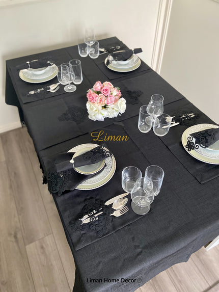 Liman Home Decor - Liman Online Sehzade Tafelkleed Set Met Placemat Zwart 34 Dlg