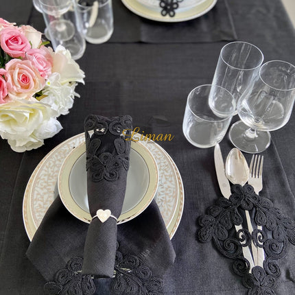 Liman Home Decor - Liman Online Sehzade Tafelkleed Set Met Placemat Zwart 34 Dlg