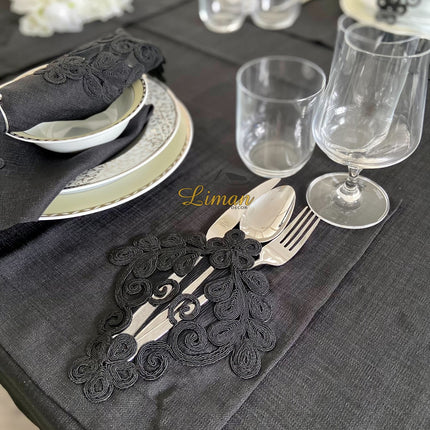 Liman Home Decor - Liman Online Sehzade Tafelkleed Set Met Placemat Zwart 34 Dlg