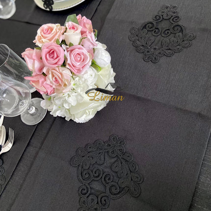 Liman Home Decor - Liman Online Sehzade Tafelkleed Set Met Placemat Zwart 34 Dlg
