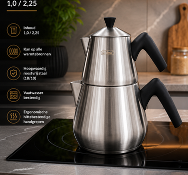 MLX MLX Theepotset 4-dlg - Turkse authentieke theepot RVS ( 1,00 / 2,25 Liter ) Mat